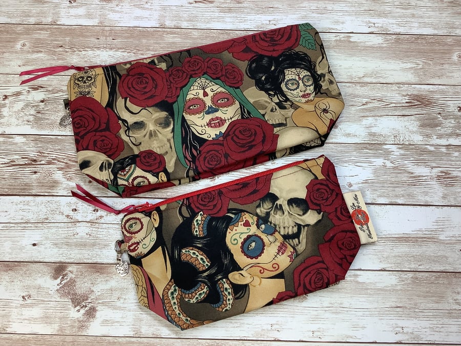 Day of the Dead makeup bag, Gothic zip bag, 2 options, Handmade