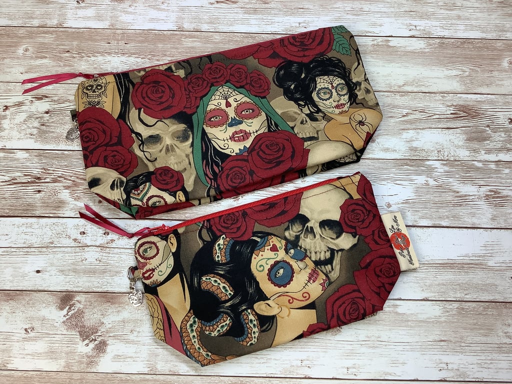 Day of the Dead makeup bag, Gothic zip bag, 2 options, Handmade