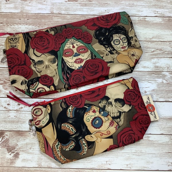 Day of the Dead Zip case, Gothic Makeup bag, Handmade, 2 size options
