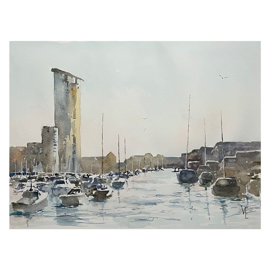 Tower Over The Boats, an original watercolour painting