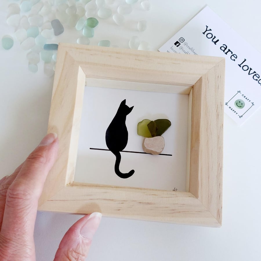 Sea Glass Cat Desk Art - Friendship Gift for Cat Lovers, Hand Painted Picture