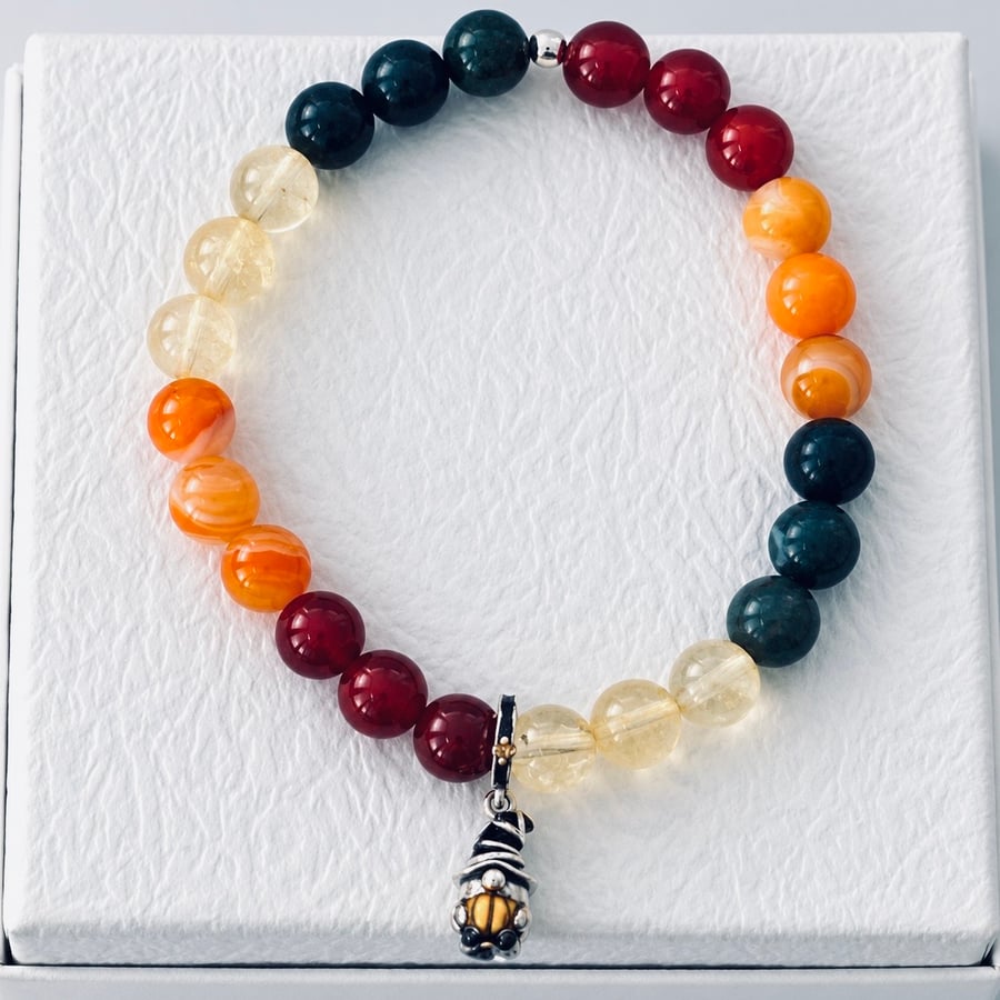 Carnelian Citrine Moss Agate Bracelet Sterling Silver Gnome - Pumpkin Gatherer 