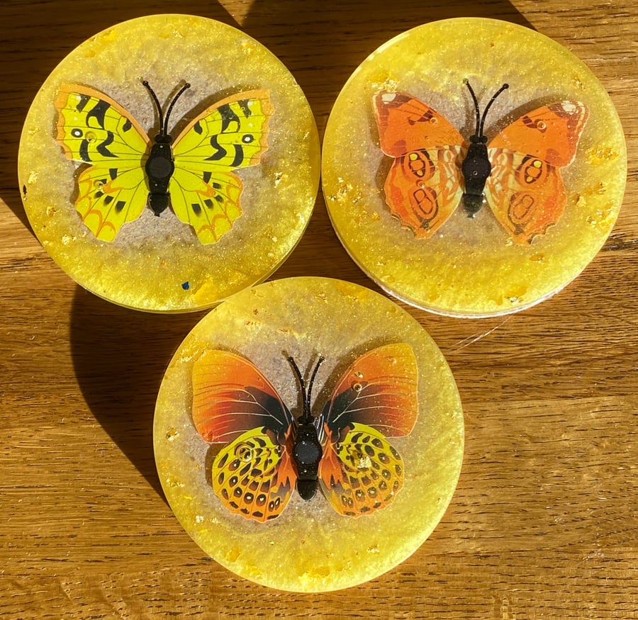 Set of 3 Yellow Butterfly Handmade Resin Coasters