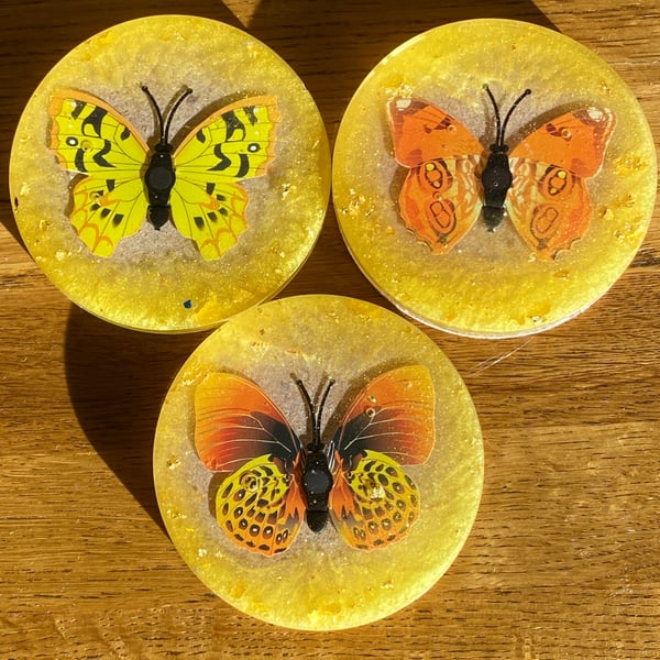 Set of 3 Yellow Butterfly Handmade Resin Coasters