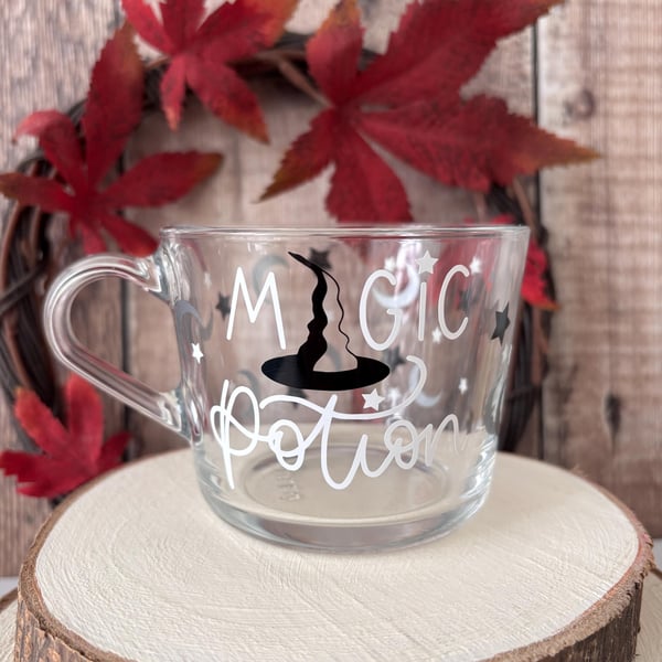 Magic Potion Glass Mug: Witch Hat, Stars & Moon
