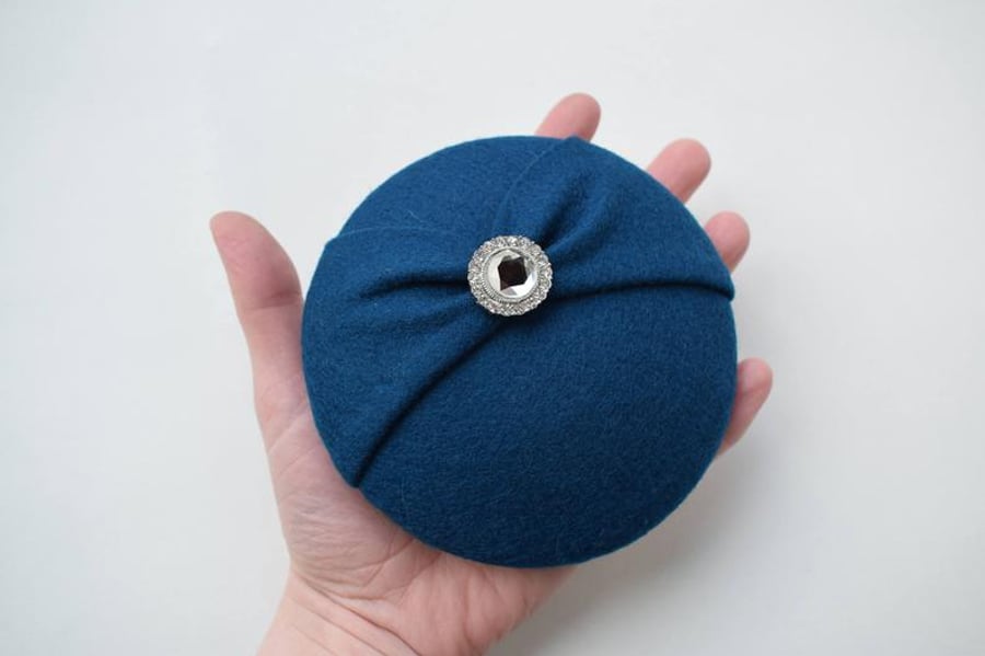 Teal Blue Felt Fascinator Hat - Mini Button Hat, Hair Accessory, Headband