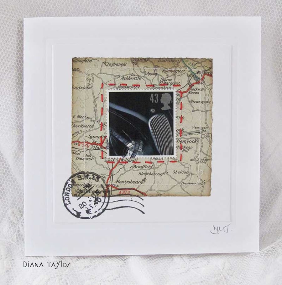 MIXED MEDIA ART CARD VINTAGE CAR MAPS STAMP
