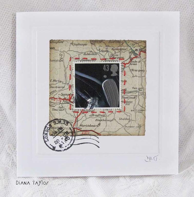 MIXED MEDIA ART CARD VINTAGE CAR MAPS STAMP