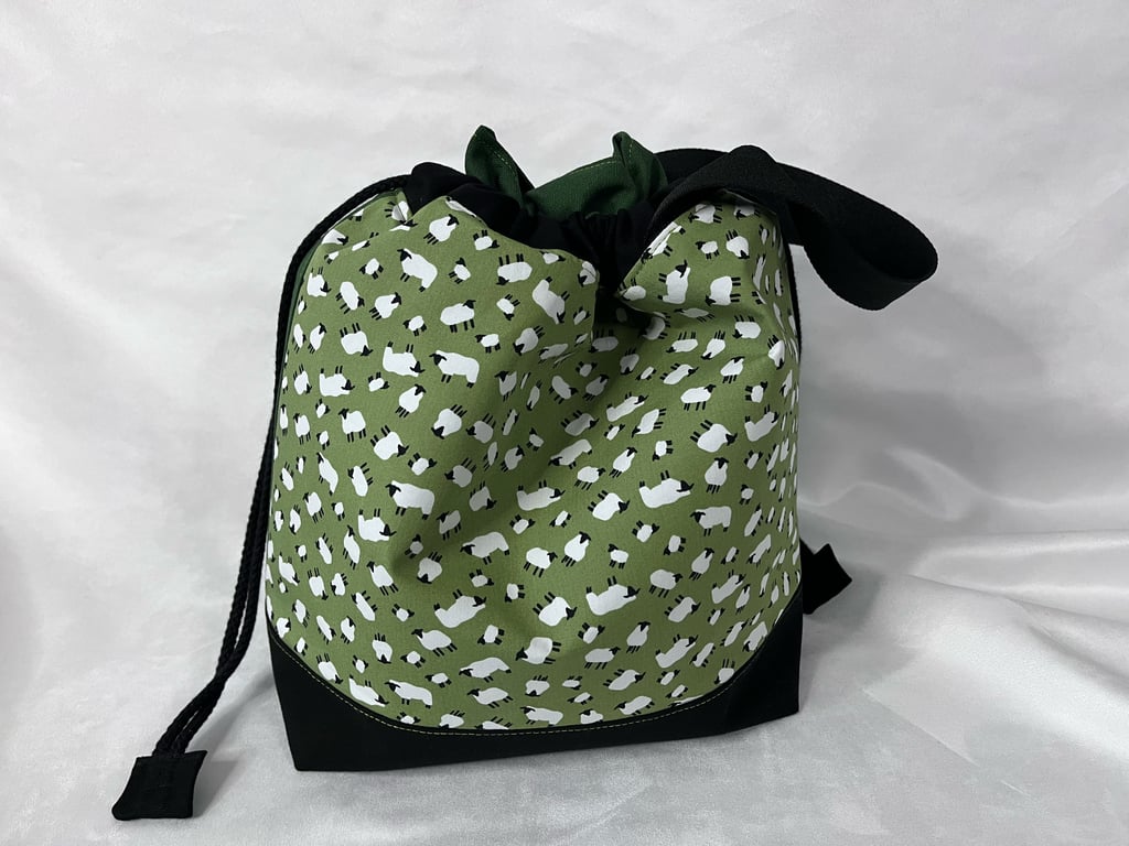 Large Cotton Canvas Drawstring Project Bag Green & Black Sheep