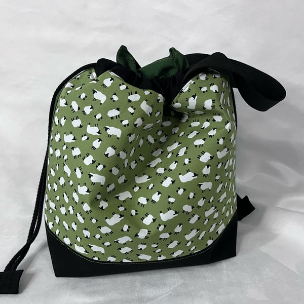 Large Cotton Canvas Drawstring Project Bag Green & Black Sheep