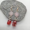 Red Glass Bead & Pink Opaline Oval beads Earrings for Pierced Ears