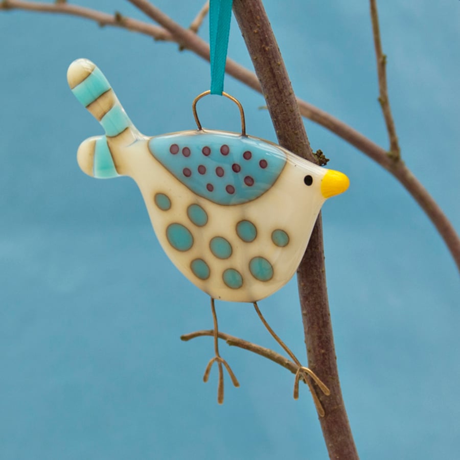 Fused Glass Cream and Blue Spotty Bird Decoration