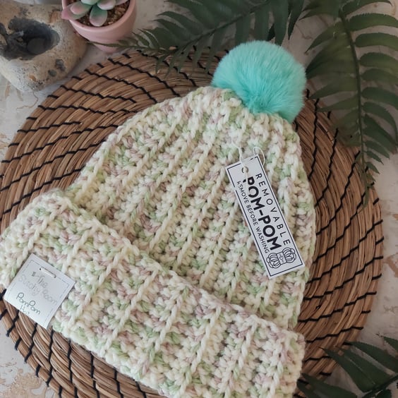 Crochet Hat Beanie Faux Fur Pompom Chunky Yarn