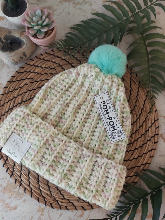 Crochet Hat Beanie Faux Fur Pompom Chunky Yarn