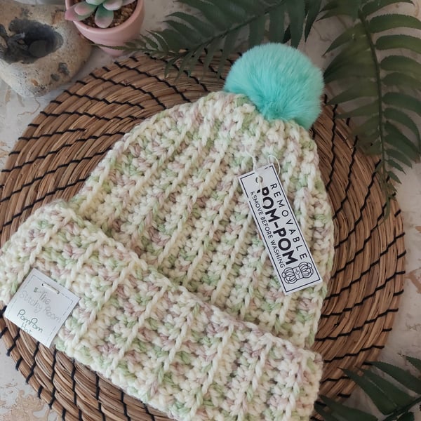 Crochet Hat Beanie Faux Fur Pompom Chunky Yarn