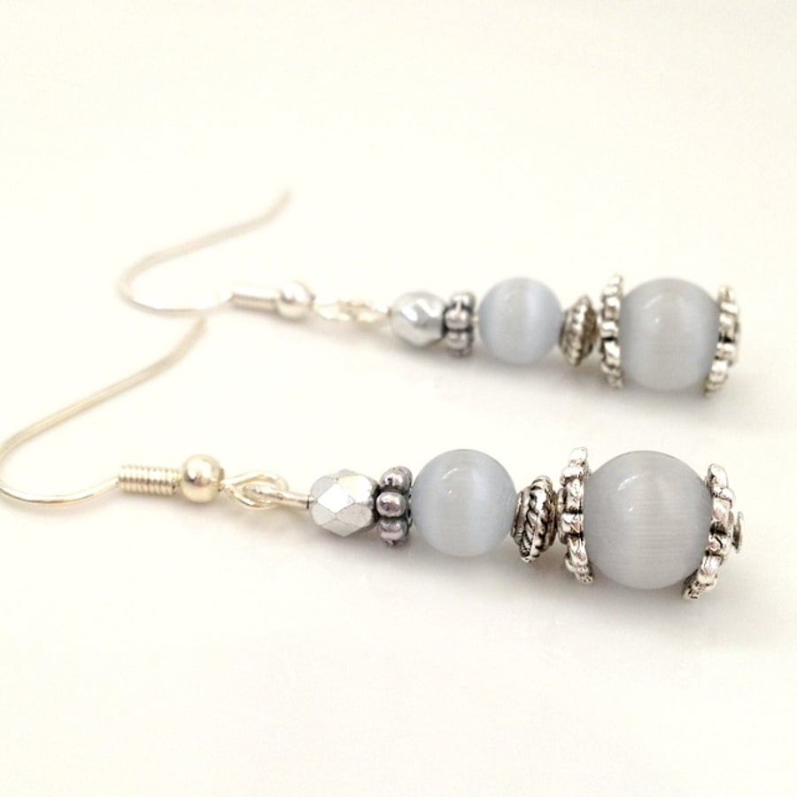 Silver Plated Grey Cat's Eye Drop Earrings