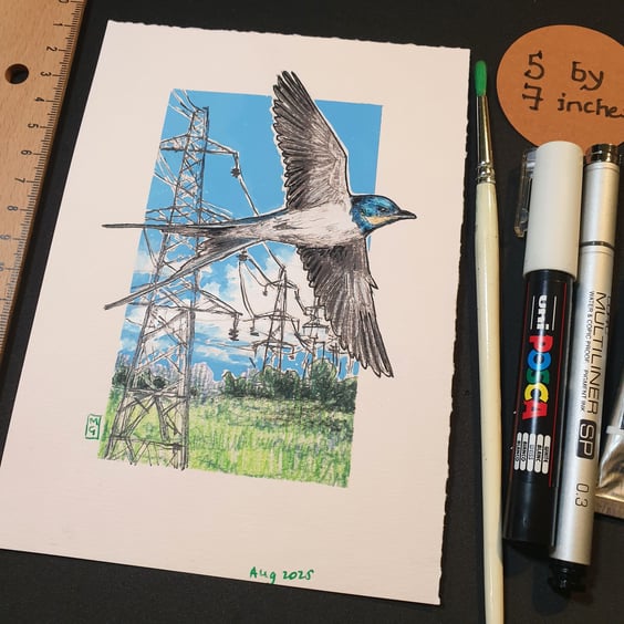 Swallow in Flight, small original bird artwork, bird lover gift