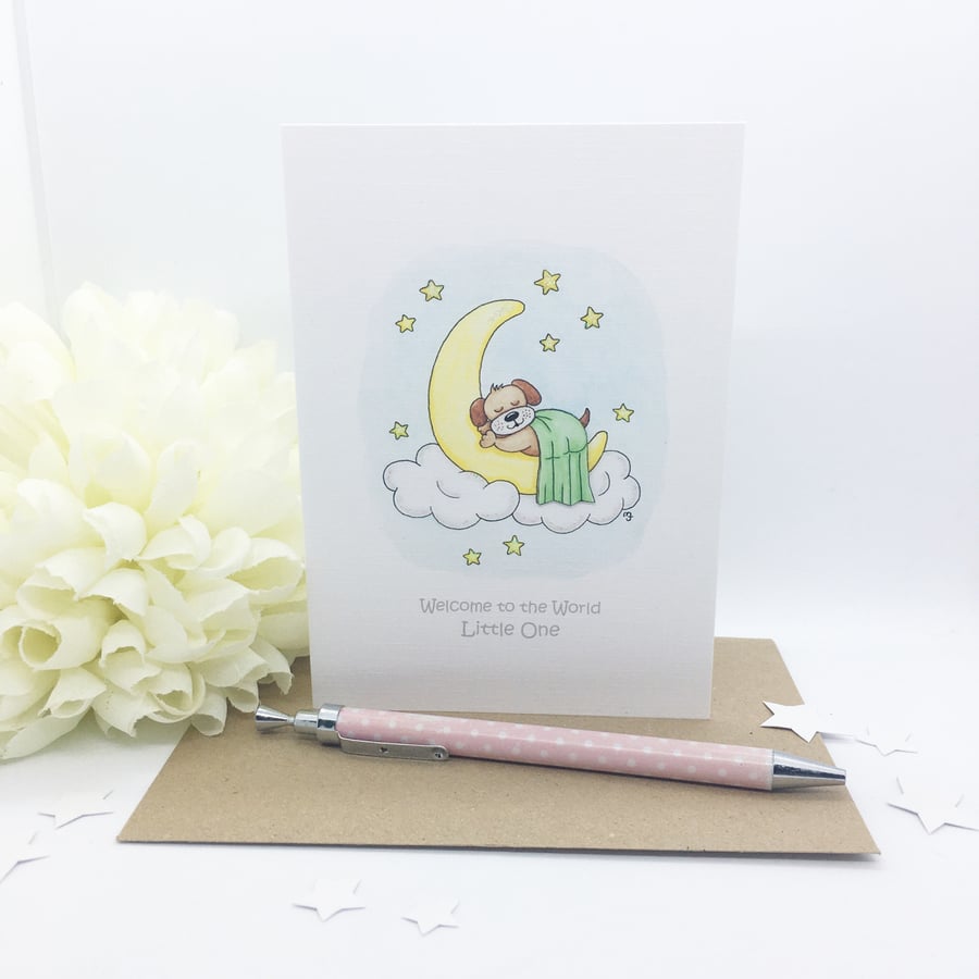 Sleeping Pup Card - Welcome to the World Little One - Baby Card