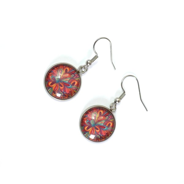 Colourful and bright pink flower design cabochon dangle earrings