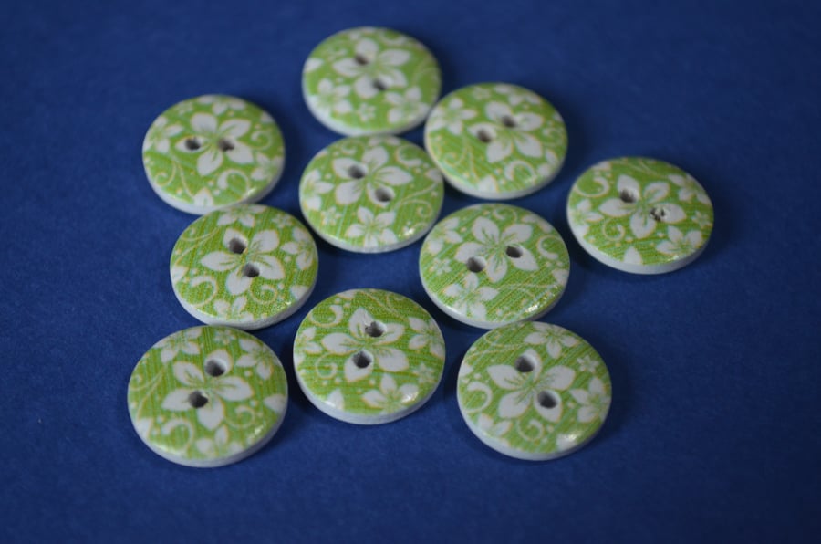 15mm Wooden Floral Buttons Hawaiian Green & White Flower 10pk Flowers (SF31)