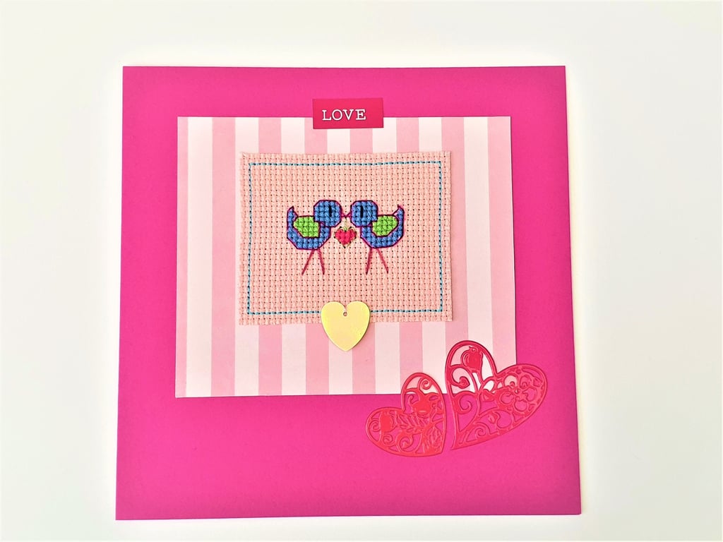 Love Birds cross stitch card with heart sequin detail and the word 'Love'