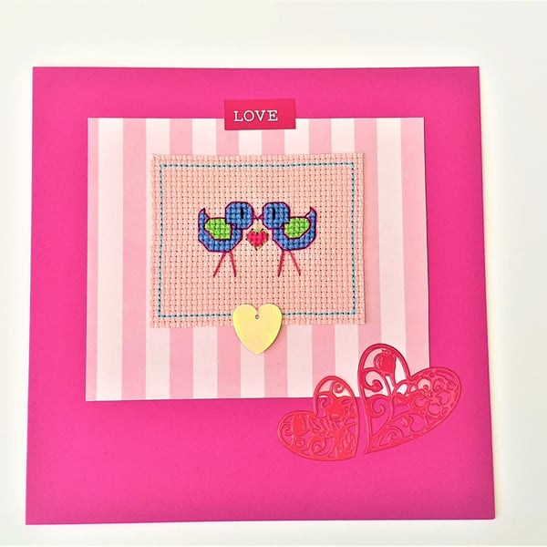 Love Birds cross stitch card with heart sequin detail and the word 'Love'