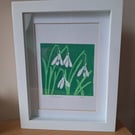 An original handprinted linoprint of snowdrops