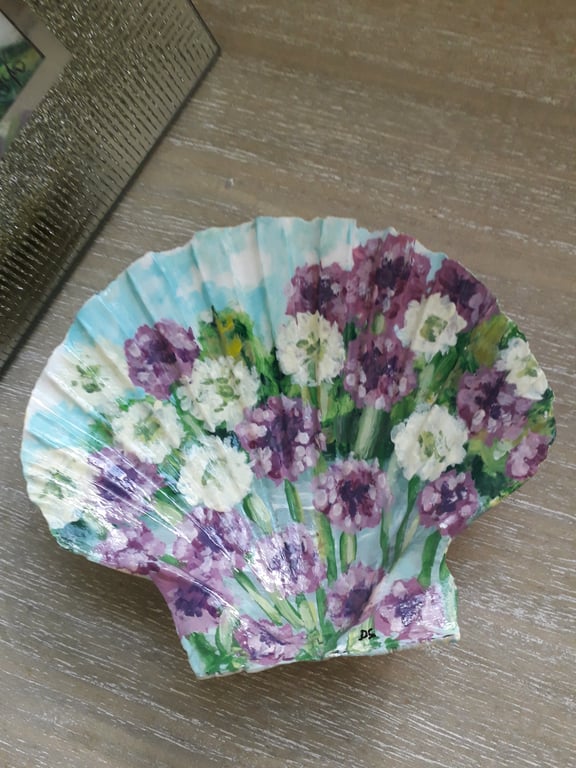 Handpainted "Alliums landscape" King Scallop Shell Trinket dish.  