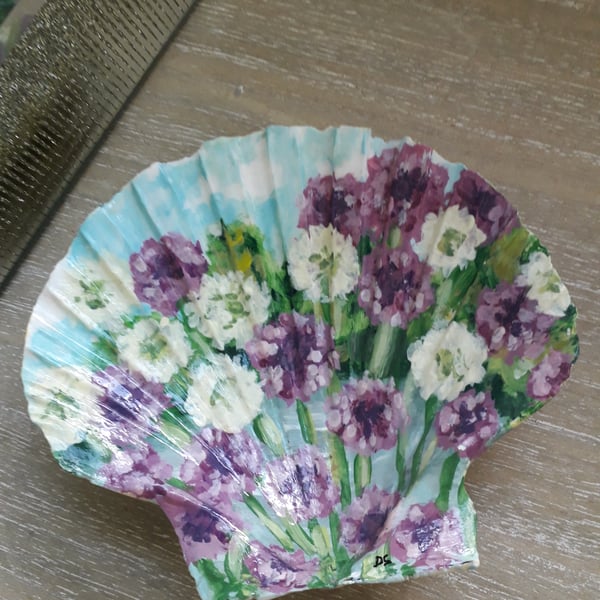 Handpainted "Alliums landscape" King Scallop Shell Trinket dish.  