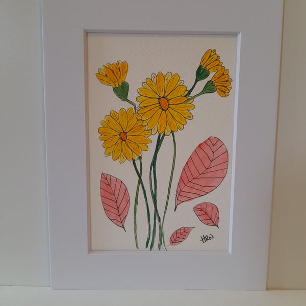 Pen & Watercolour floral abstract drawing in white mount ready to frame