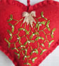 Hand Embroidered Festive Keepsake Heart Decoration - Mistletoe on Red - Image 3