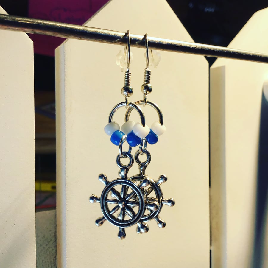 Nautical Ships Wheel Silver Charm Earrings
