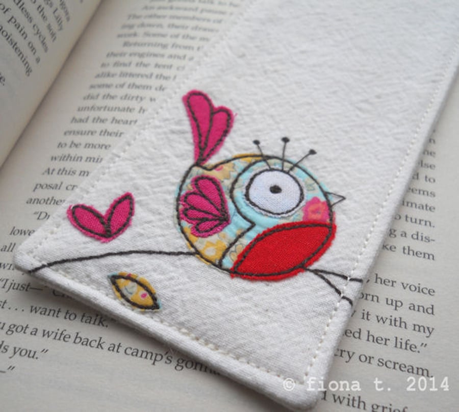 freehand embroidered bird fabric bookmark