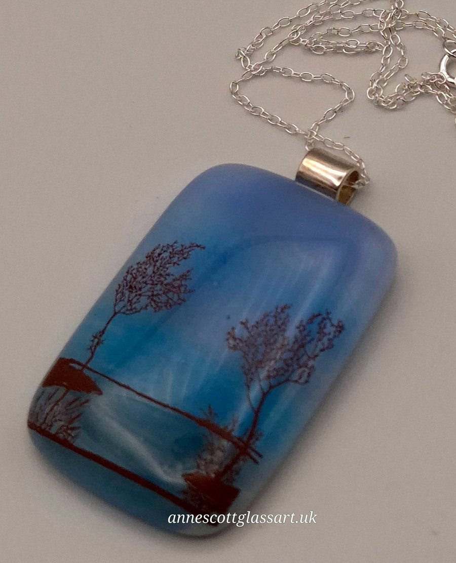 Trees over Water on Blue, Fused Glass Pendant w... - Folksy