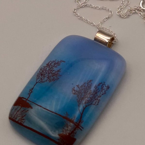 Trees over Water on Blue, Fused Glass Pendant with Sterling Silver Findings