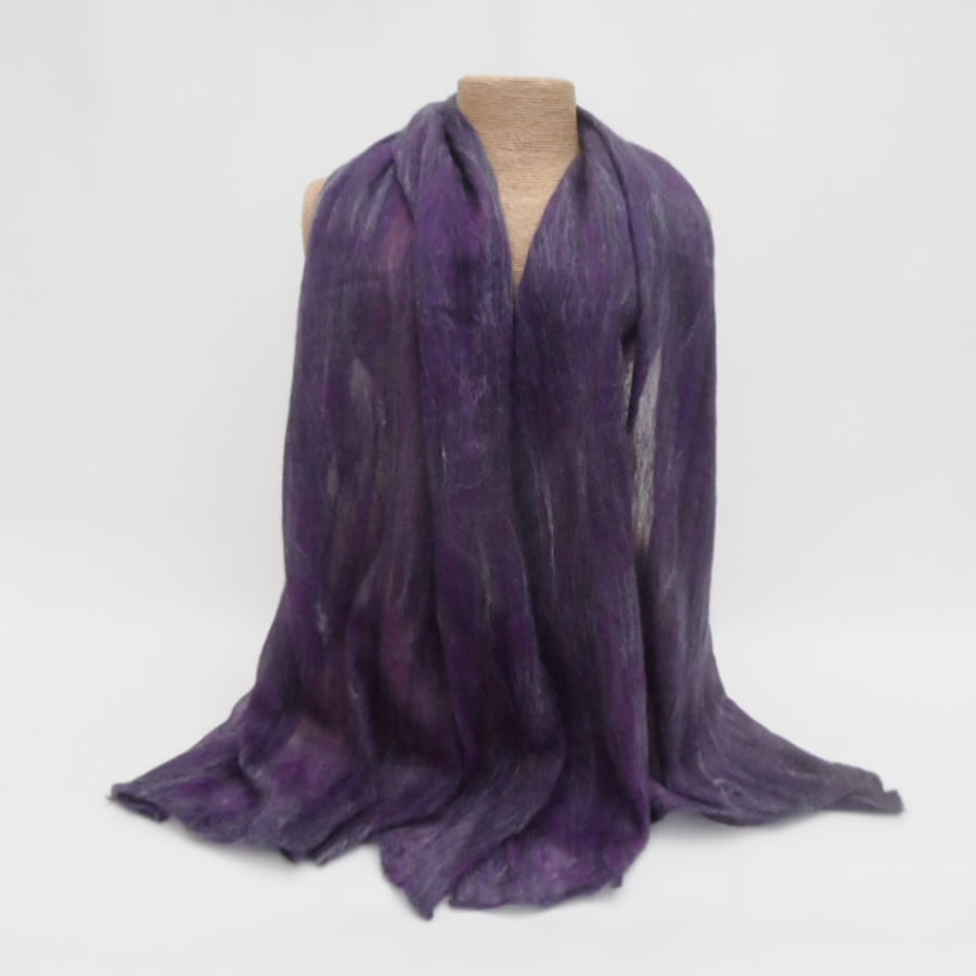 Deep purple nuno felted scarf with white silk highlights