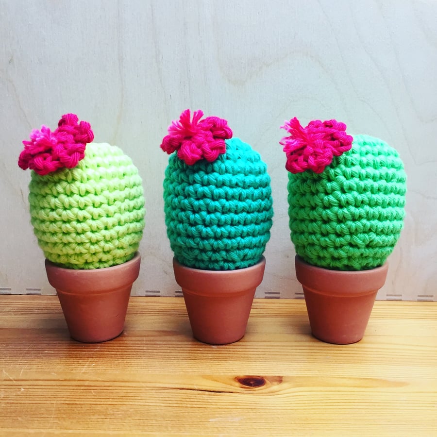 Crochet cactus with hot pink flower