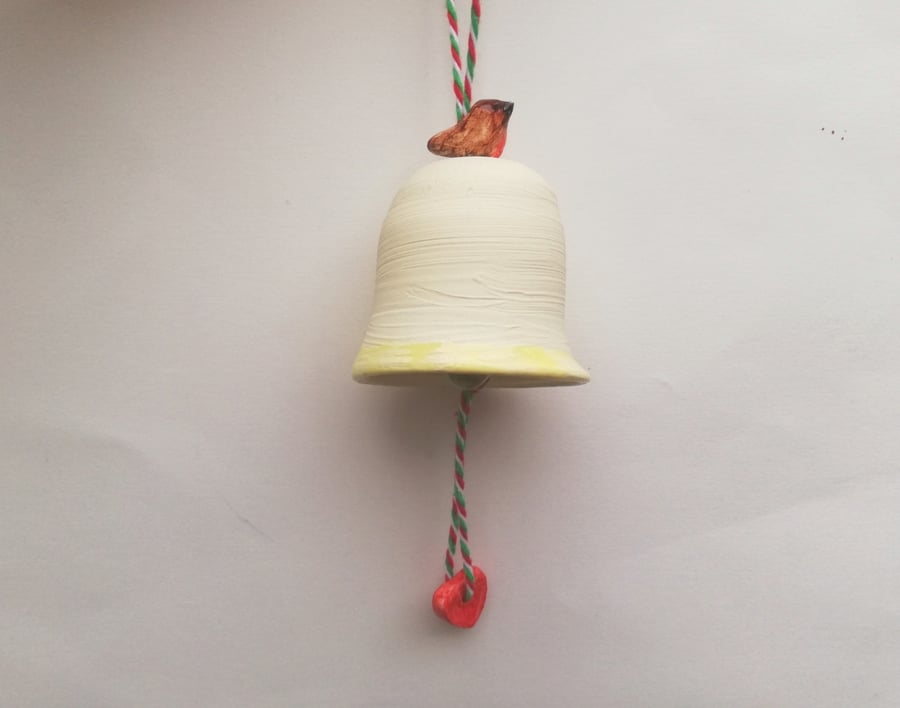 pottery tree decoration - ceramic bell with small red robin heart or star