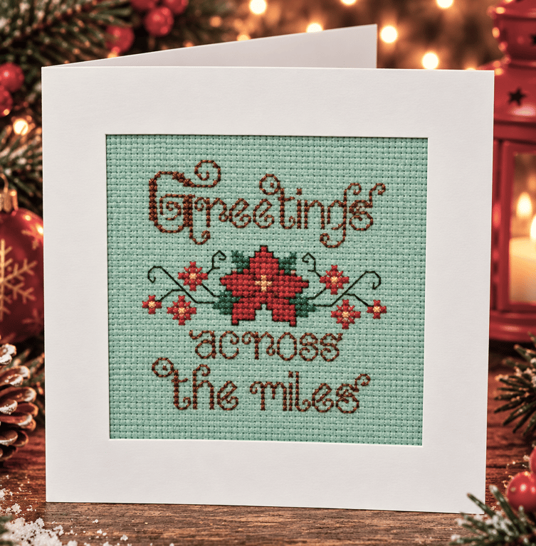 Handmade Cross Stitch Greetings Across the Miles Christmas Card – 6 x 6 Inch