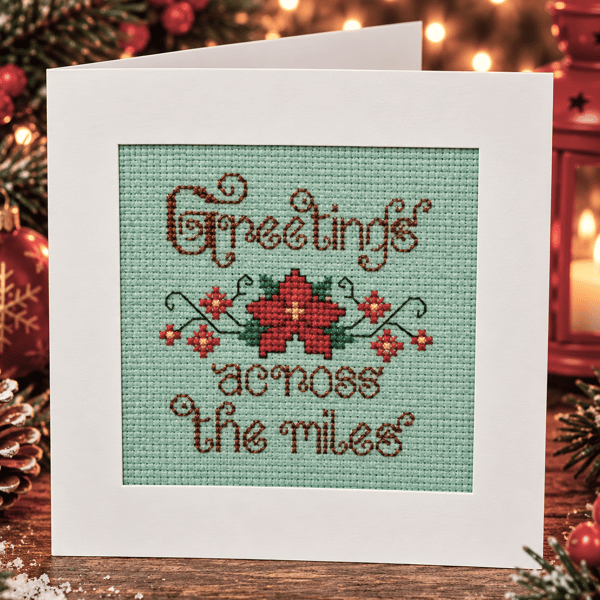 Handmade Cross Stitch Greetings Across the Miles Christmas Card – 6 x 6 Inch
