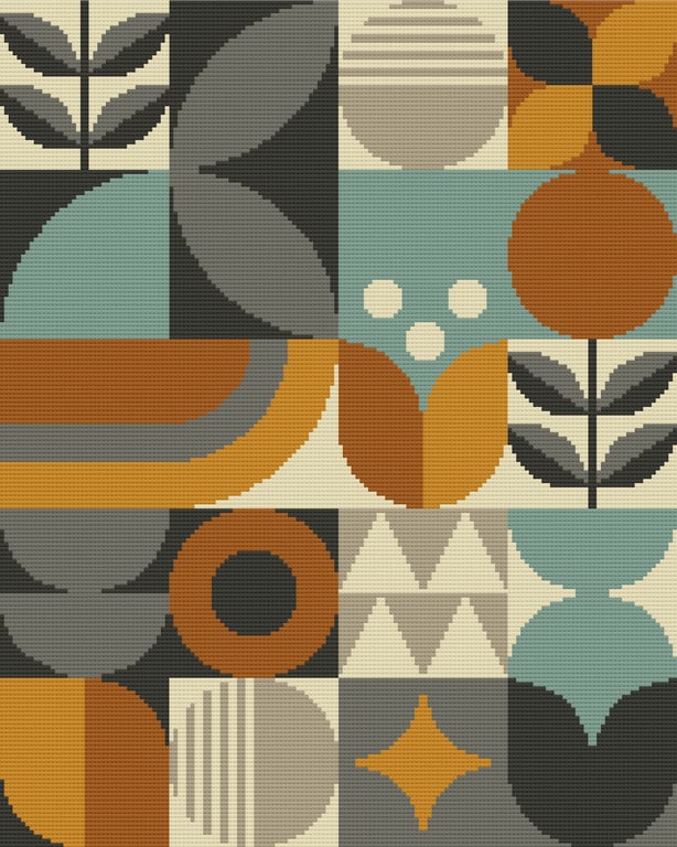 004B Cross Stitch Scandinavian Retro Geometric Shapes Contemporary Brown Pattern