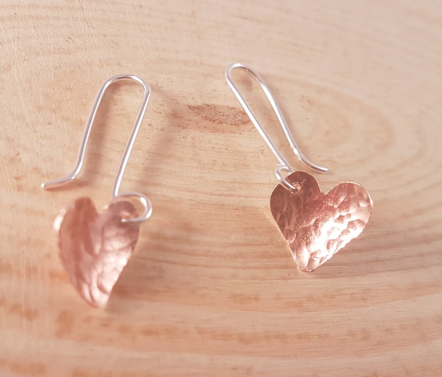 Sterling Silver and Copper Hammered Hearts Drop Dangle Earrings