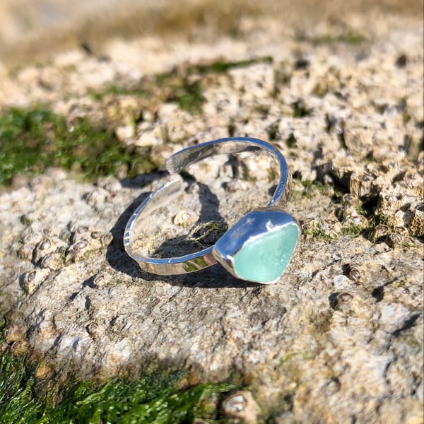 Light Teal Blue Sea Glass and Hammered Sterling Silver Ring - Adjustable- 1063