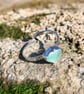 Light Teal Blue Sea Glass and Hammered Sterling Silver Ring - Adjustable- 1063