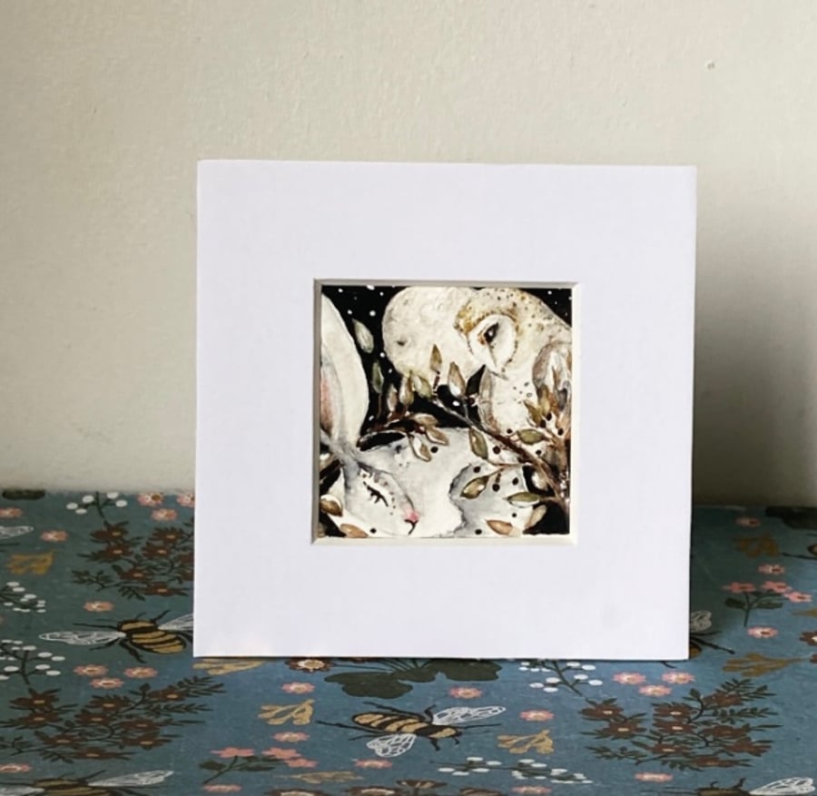 Original Resting Hare with Owl Watercolour 