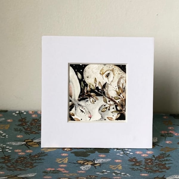 Original Resting Hare with Owl Watercolour 
