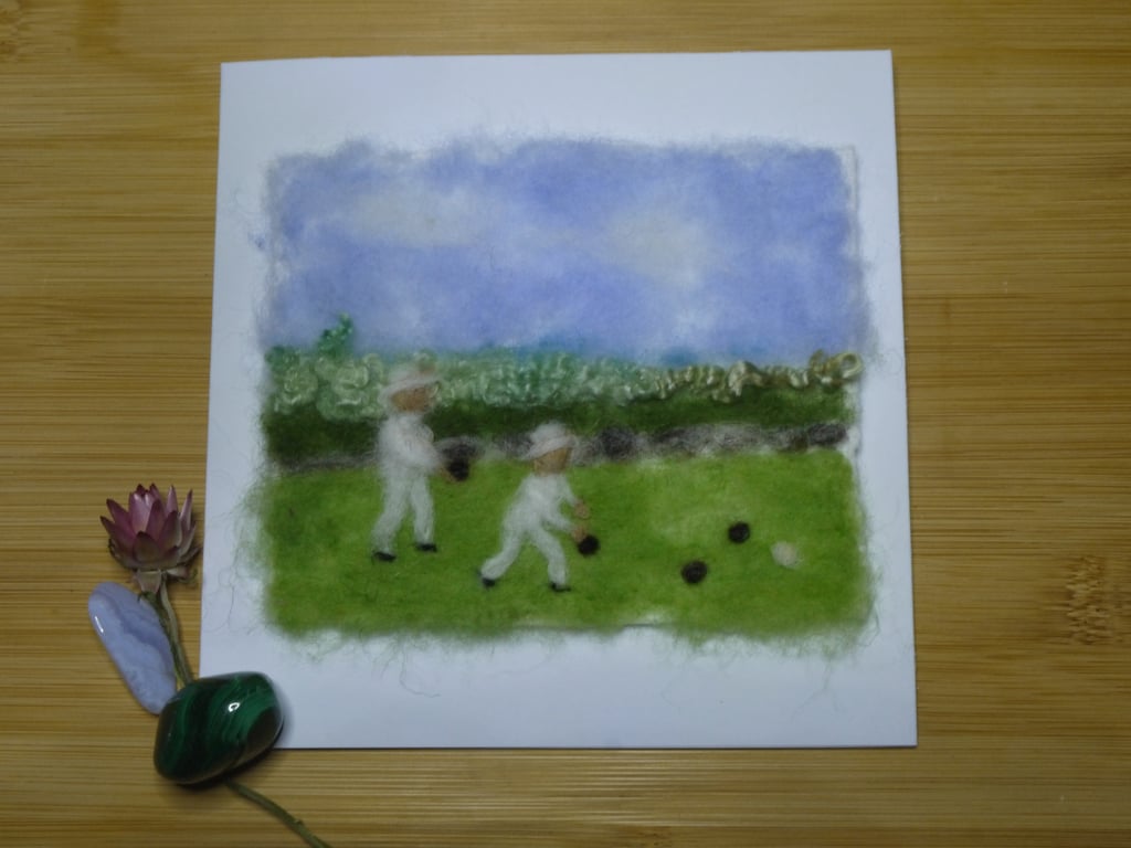 Handmade needle felted Lets Play greetings card