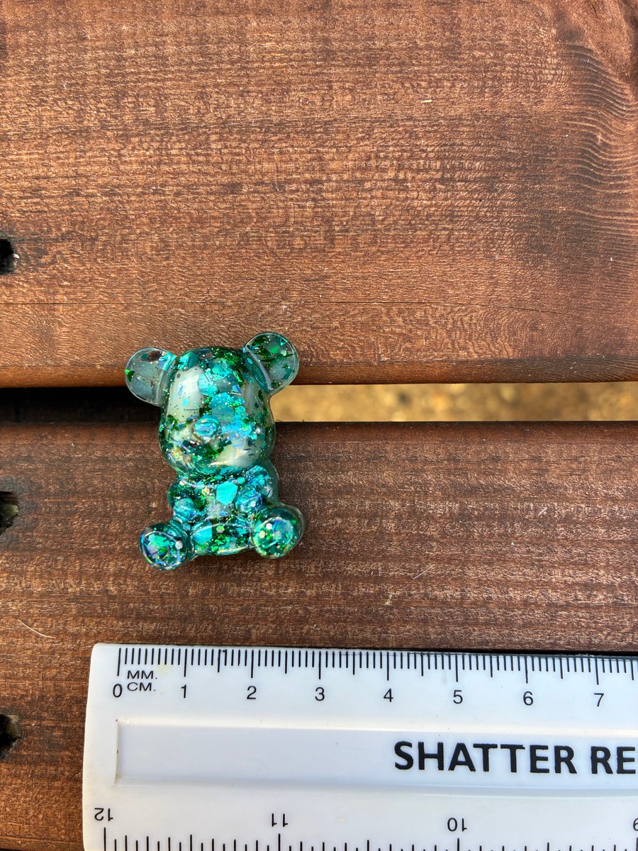 Little lucky green blue sparkly resin teddy bear with a dash of luminous magic
