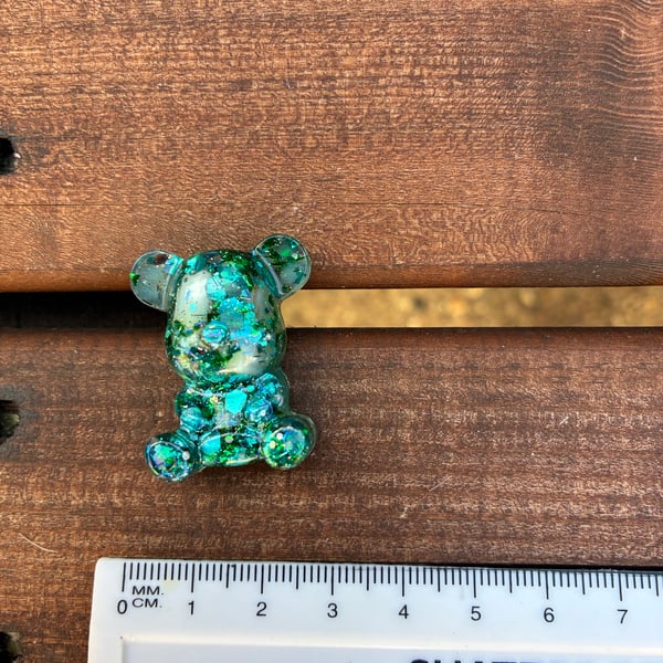 Little lucky green blue sparkly resin teddy bear with a dash of luminous magic