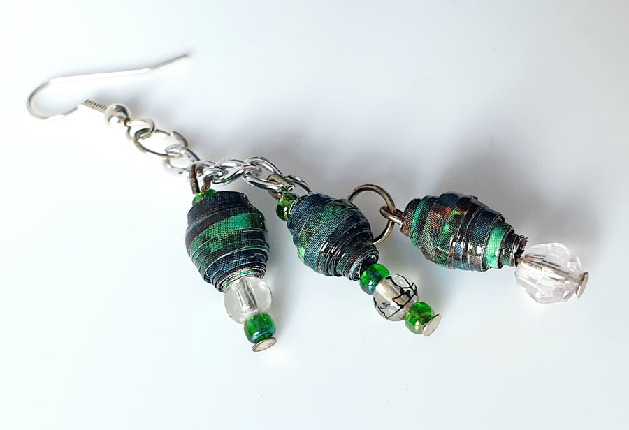 Dangling earrings: 3 blue green paper beads on a chain